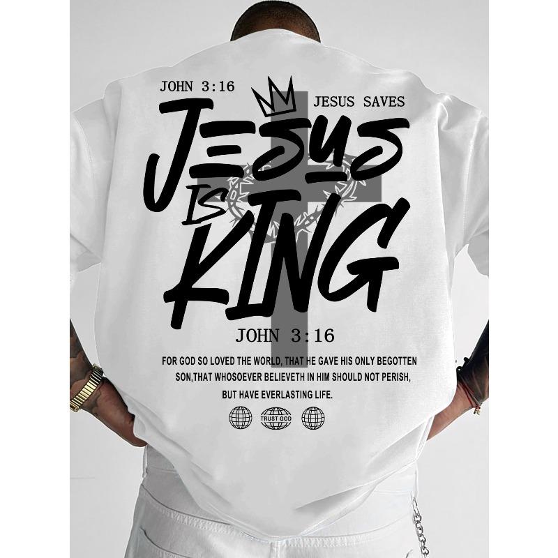 European Size European and American Style Men's Graphic T-Shirt | 'JESUS IS KING' Slogan + Bible Verse Quote Print, Casual Dating