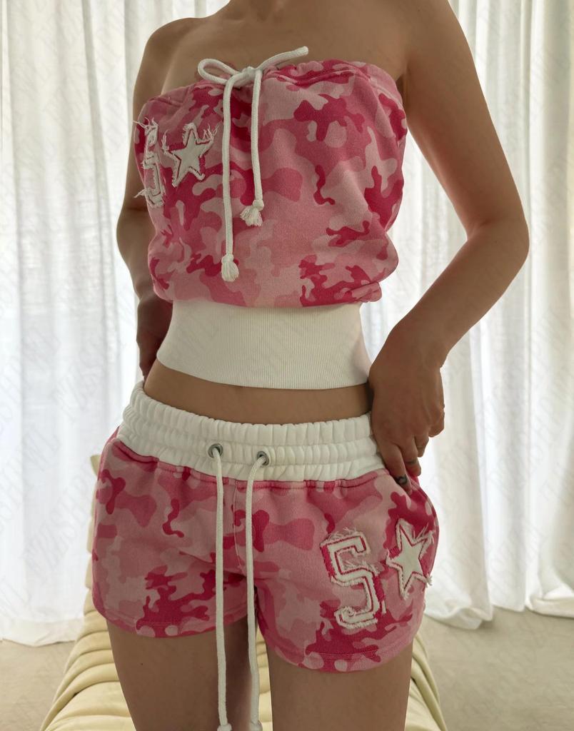 Y2K American Retro Camouflage Bandeau & Shorts Set