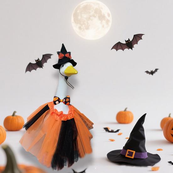 Goose Outfits Halloween Porch Goose Clothes with Witch Hat Bowtie And Tutu Skirt for 23-inch Lawn Goose Statue