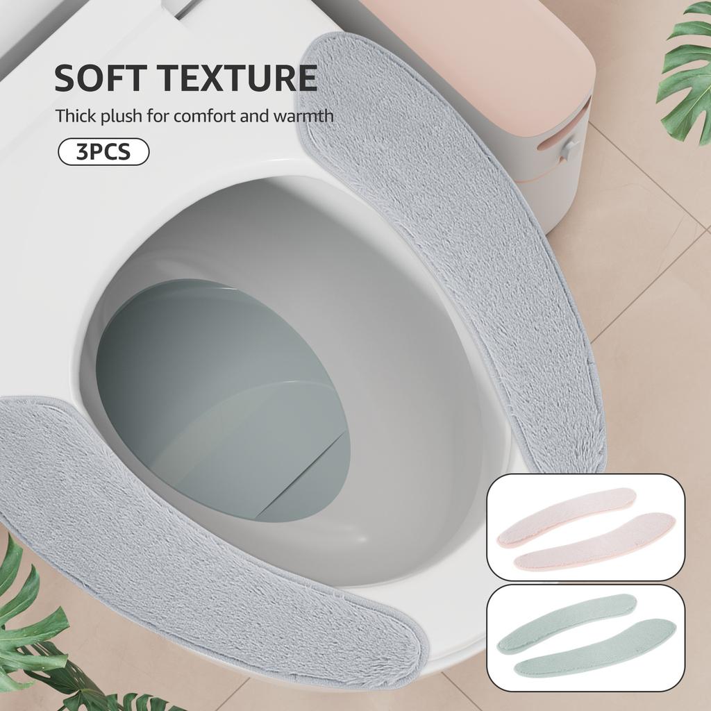 3 Pairs Soft Plush Toilet Seat Cover Self Adhesive Winter Warm Reusable Universal Toilet Cushion Thickened Washable