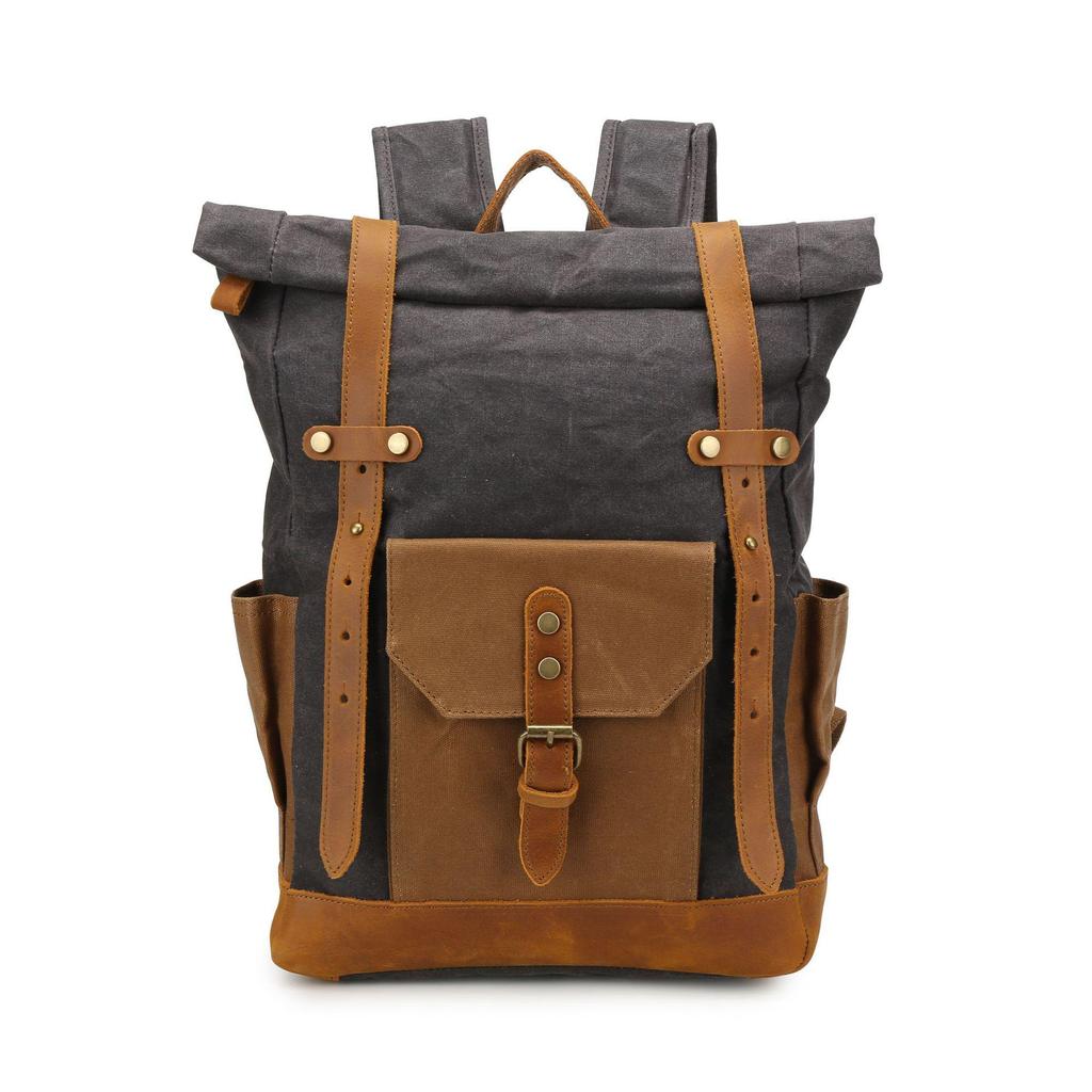 Retro Waxed Canvas Backpack with Leather Trim - Large Capacity, Pepper Salt Design, In Stock