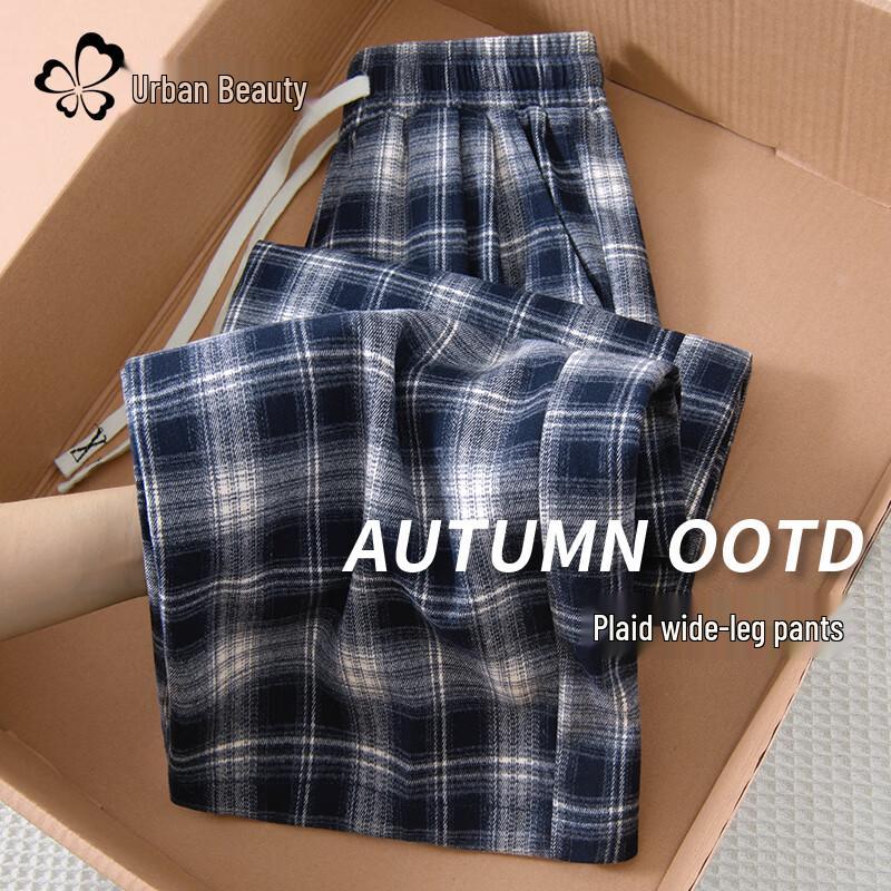 

Women s Plaid High-Waist Straight Loose Wide-Leg Pants M