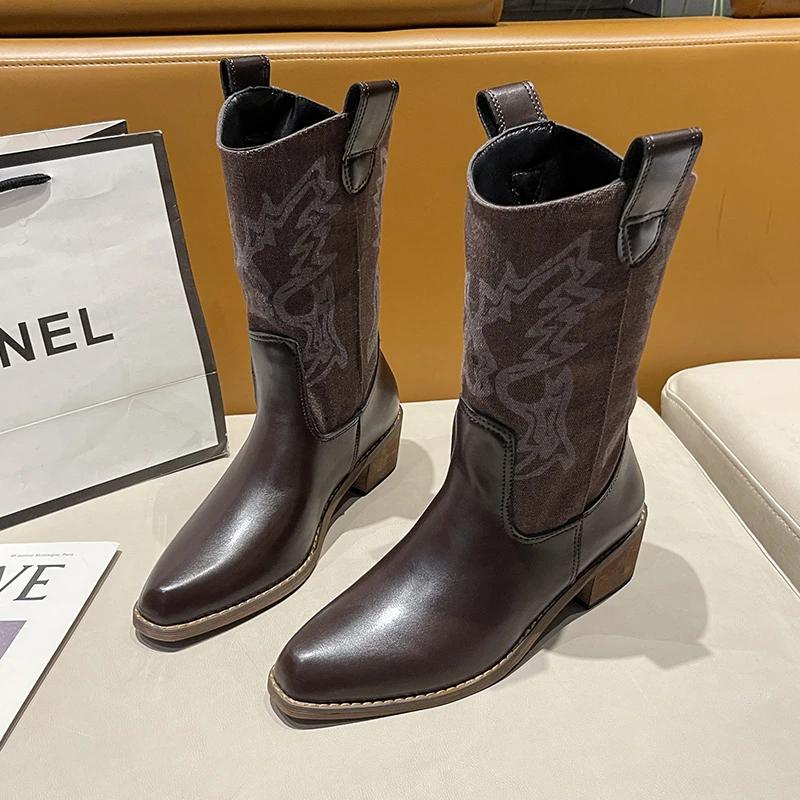 High Quality Block Heels Mid-calf Black Cowboy Boots Women Vintage Country Concert Western Boots Shoes Plus size 42 35 5250₽