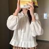Women Spring and Autumn Sweet Bow Tied Puff Sleeve Shirt Top Short Sweet Shirt