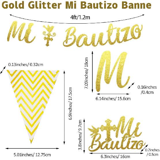 Gold Glitter Mi Bautizo Banner Mi Bautizo Cake Topper Decorations Glitter Triangle Flag Banner First Holy Communion Decorations for Baby Shower