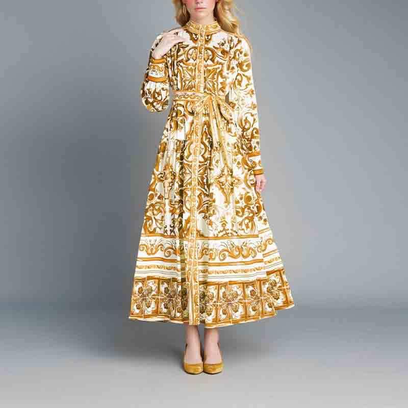LYRIA European American Women's Fashion Long Printed Lantern Sleeve Dress, V-Neck, Waist-Tied, Turn-Down Collar, Long Sleeve