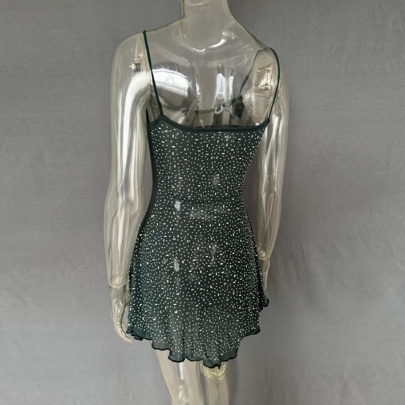 Party Rhinestone Semi Transparent Suspender Short Dress