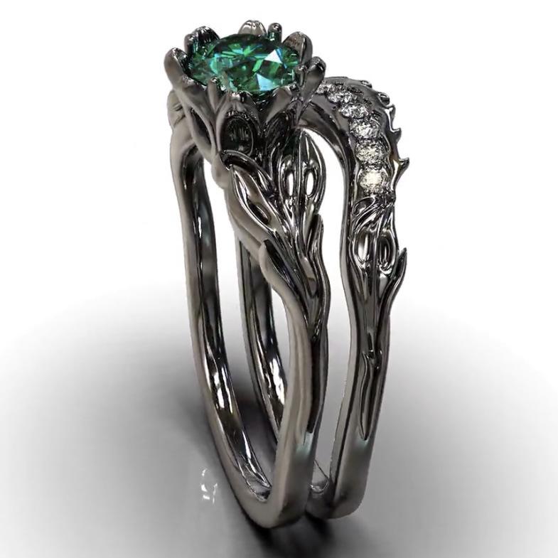 Sanjie SHEIN Emerald Inlaid Gun Black Wedding Rings for Women