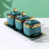 Ceramic Condiment Jars with Gold Rim, Nordic Style - Seasoning Bottle Set for Kitchen, Salt & MSG Shakers