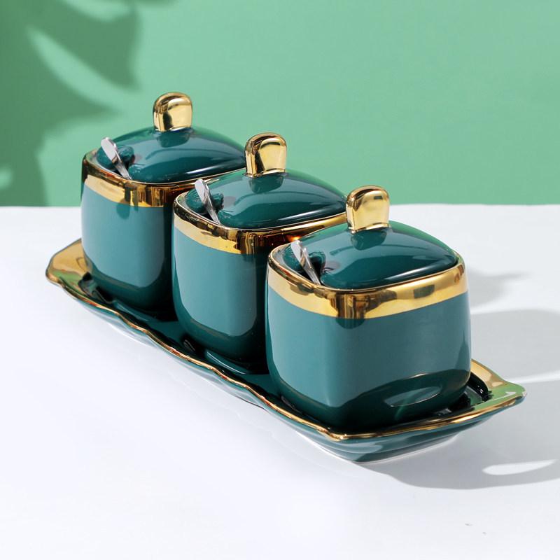 Ceramic Condiment Jars with Gold Rim, Nordic Style - Seasoning Bottle Set for Kitchen, Salt & MSG Shakers