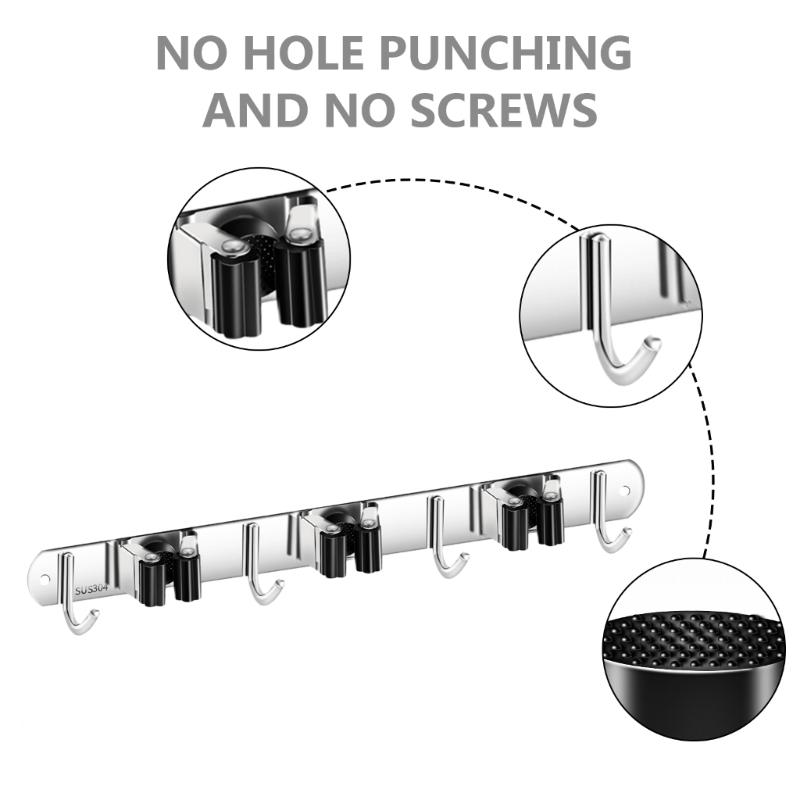 Wall Mounted Rack Space Saving Brooms Organizer Storage Solution for Bathroom
