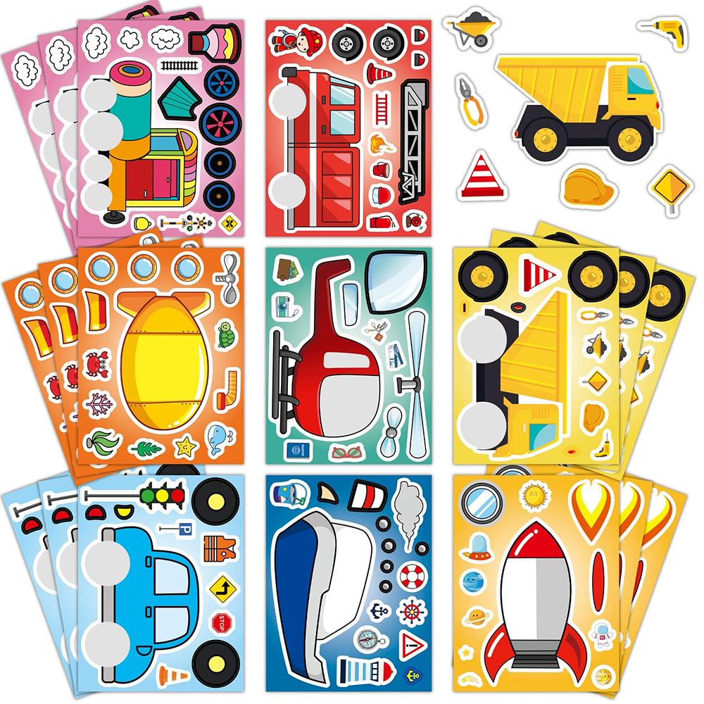 8/16Sheets Transportation Vehicles Puzzle Stickers Rocket Plane Make a Face Decals DIY Luggage Scrapbook Assemble Jigsaw Sticker