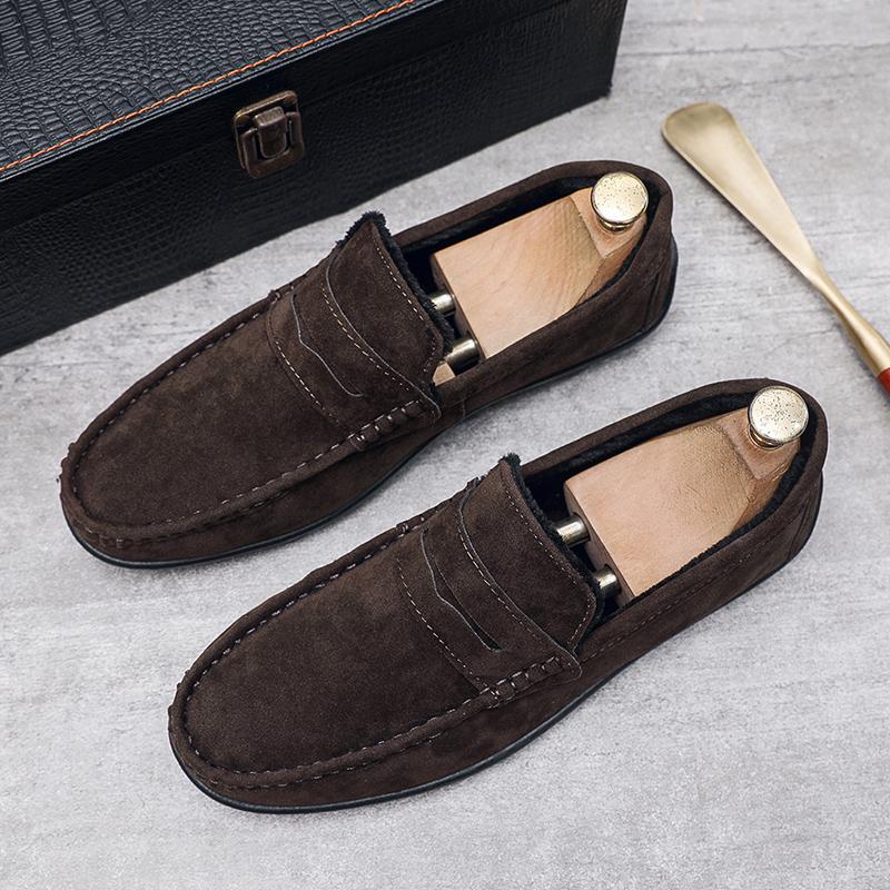 Suede Men Casual Shoes Winter Plush Warm Slip-on Mens Driving Shoes Luxury Comfort Men Loafers Mens Lazy Shoes Moccasins