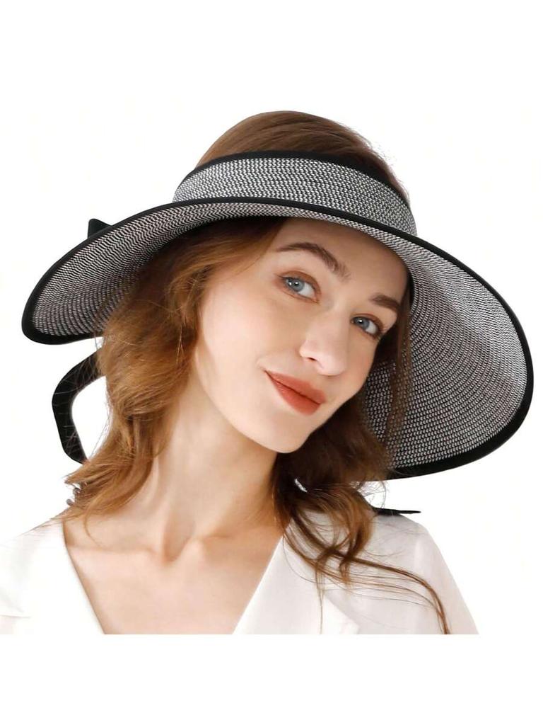 Women Wide Brim Roll Up Sun Visor Hat UV Protection Packable Ponytail Beach Straw Hat