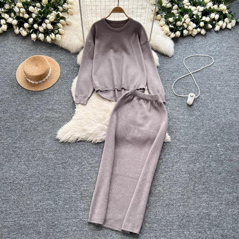 

Комплект из двух предметов Женская одежда Нежный стиль Ленивый Свободный пуловер Круглый вырез Длинный рукав Вязаный свитер Миди Облегающие юбки One Size