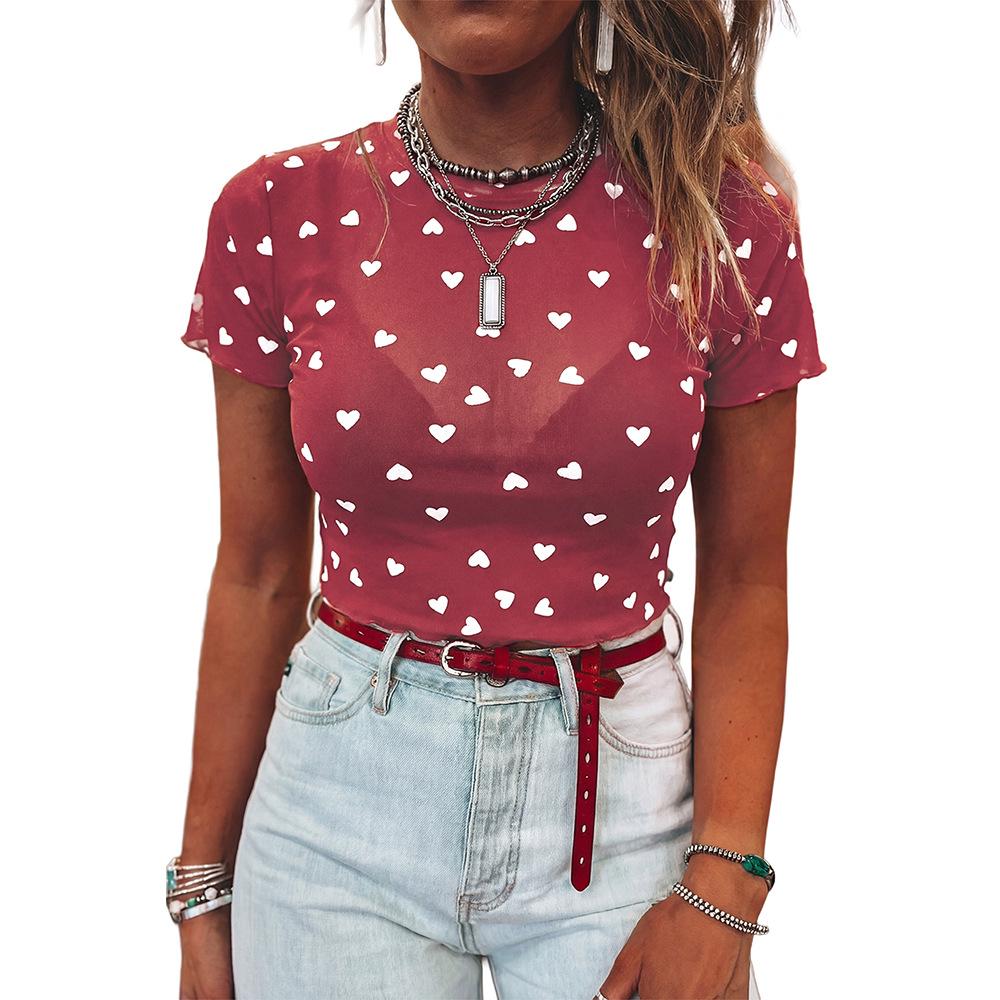 Shi Ying EU Size Women's Valentine's Heart Pattern Semi-High Neck 3/4 Sleeve Top