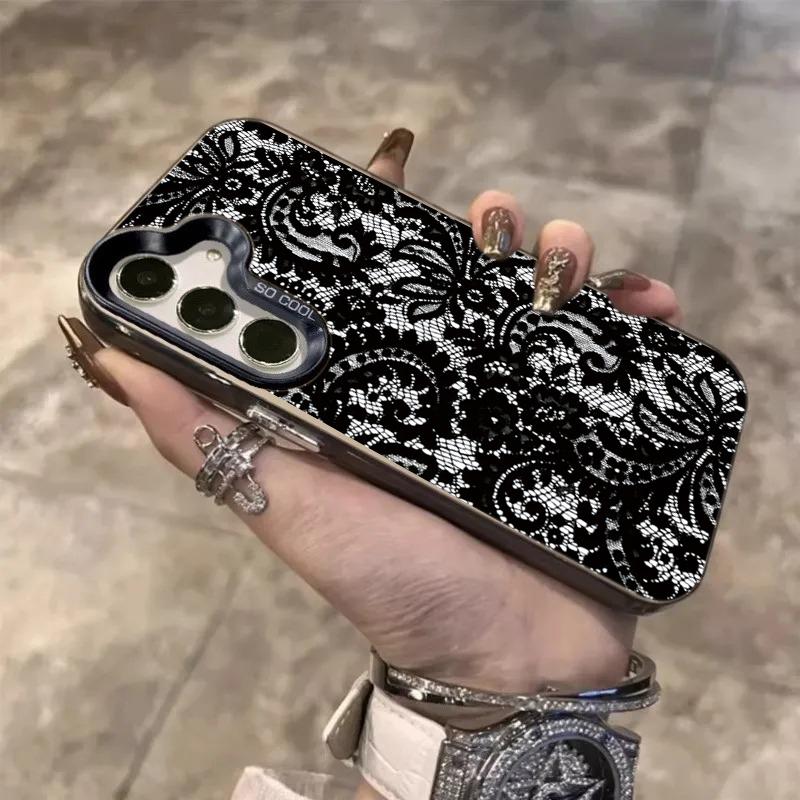 Fashion Lace Black Laser Phone Case For Samsung Galaxy S26 A16 A26 A24 A36 A35 A56 A55 A54 S25 FE S24 Ultra S23 Plus S22 Cover