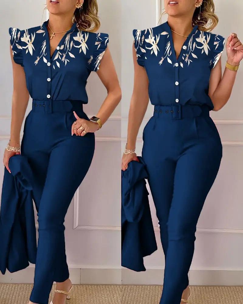 

Two Piece Sets Women Outfits Elegant Single Breasted Short Sleeve Top Work Pants Casual Suit XXXXL
