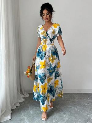 Women's Short-sleeved Tie-waist Dress,  Printed V-neck Long Dress