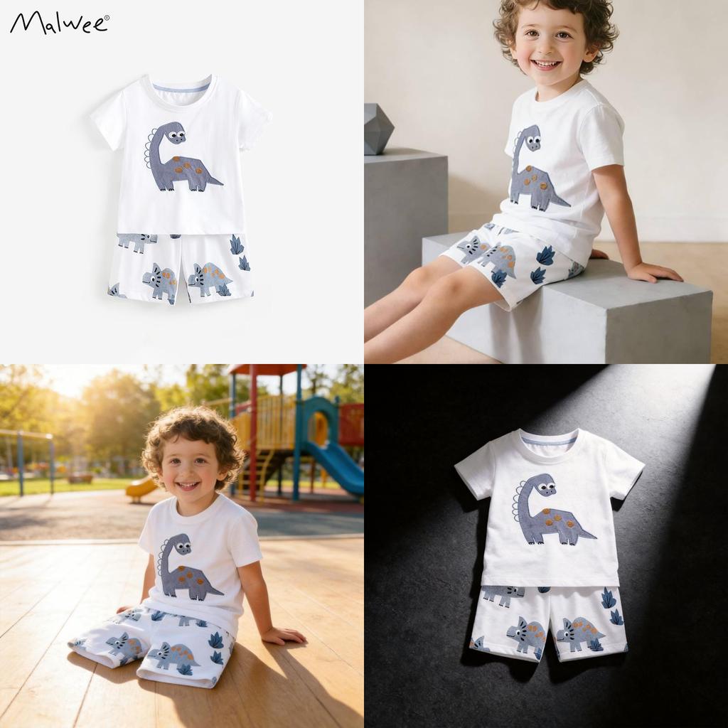 Malwee Boy Summer Cotton T Shirt And Shorts Set With Cartoon Dinosaur Prints For Kids Ages 3 To 8