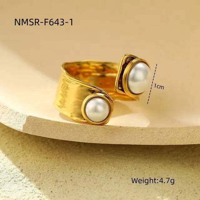 GEMCHIC Women s Stainless Steel Wide Texture Pearl Statement Ring