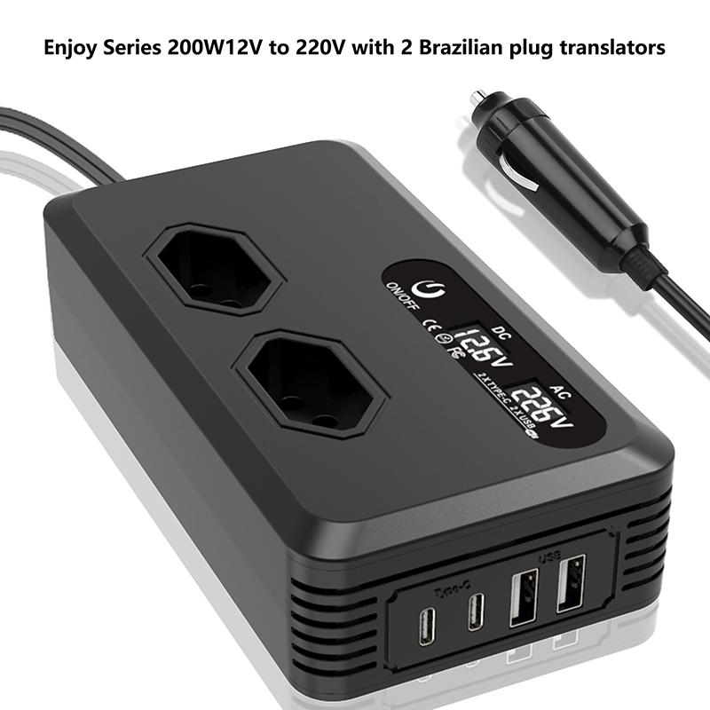 200W Multifunctional Car Inverter 12V to 220V EU Sockets USB C Port Cigarette Lighter Plug for Drivers