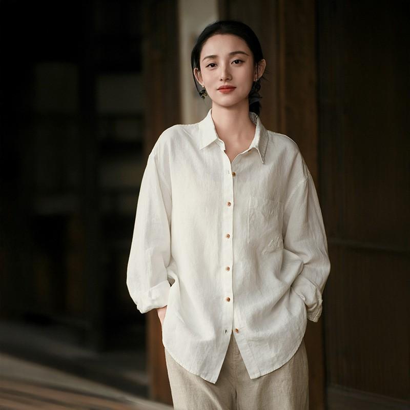 Johnature Women Vintage Shirts Tops Spring Solid Color Chinese Style Button Turn-down Collar Long Sleeve Shirts