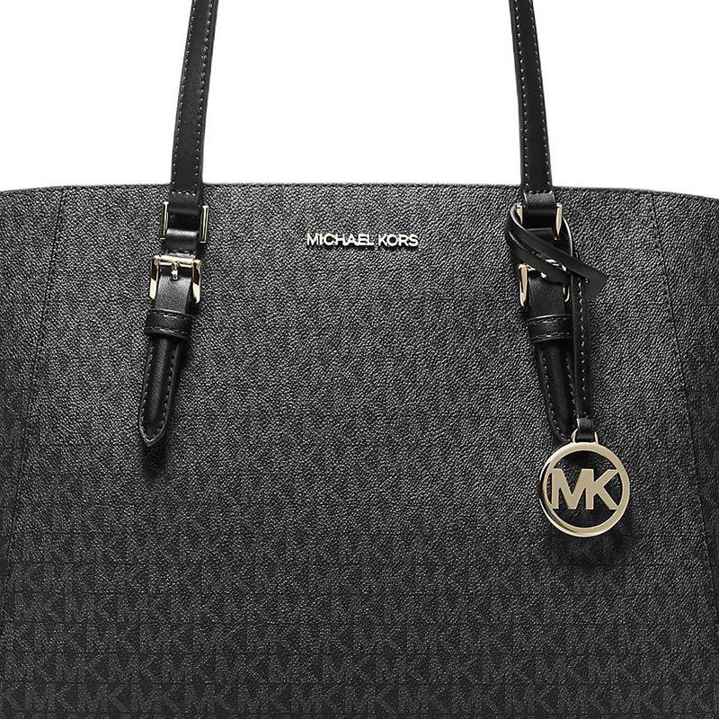 Michael Kors Charlotte Adjustable Shoulder Strap Gold Charm Coated Canvas Shoulder Bag Large Size Women's Black