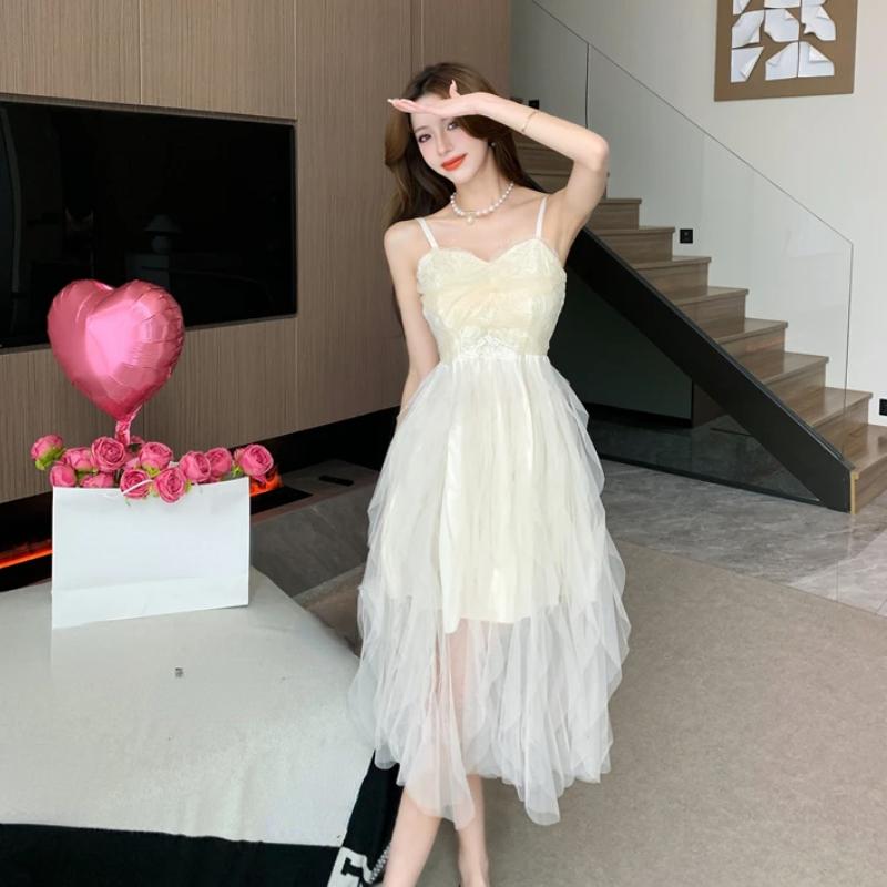 Sommer Sexy Spaghettiträger Mesh Patchwork Midikleid für Damen Mode Ärmellose Rüschen Rückenfreies Club Schlanke Partykleider