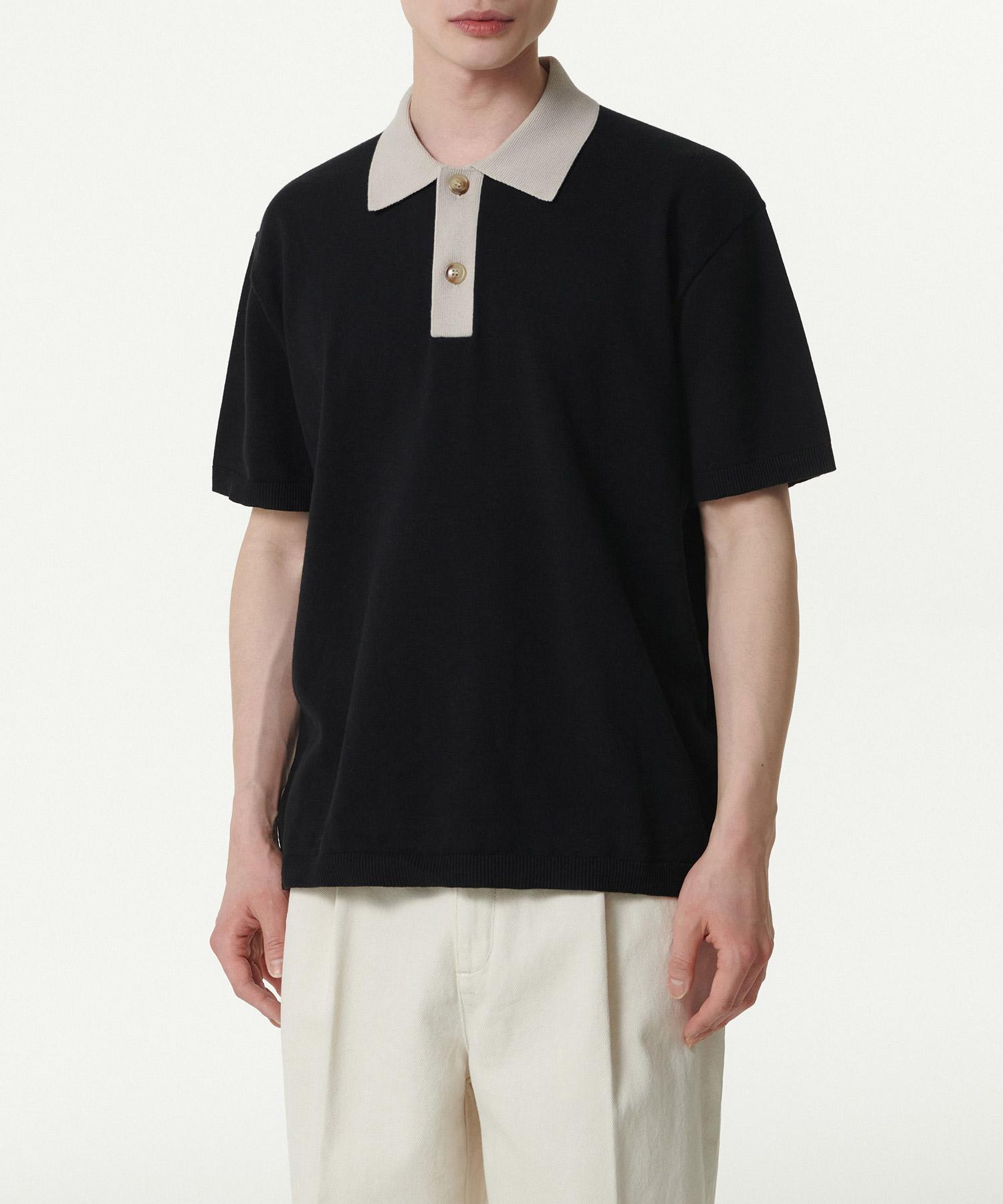 Contrast Collar Knitted Polo Shirt [Black] Black/S