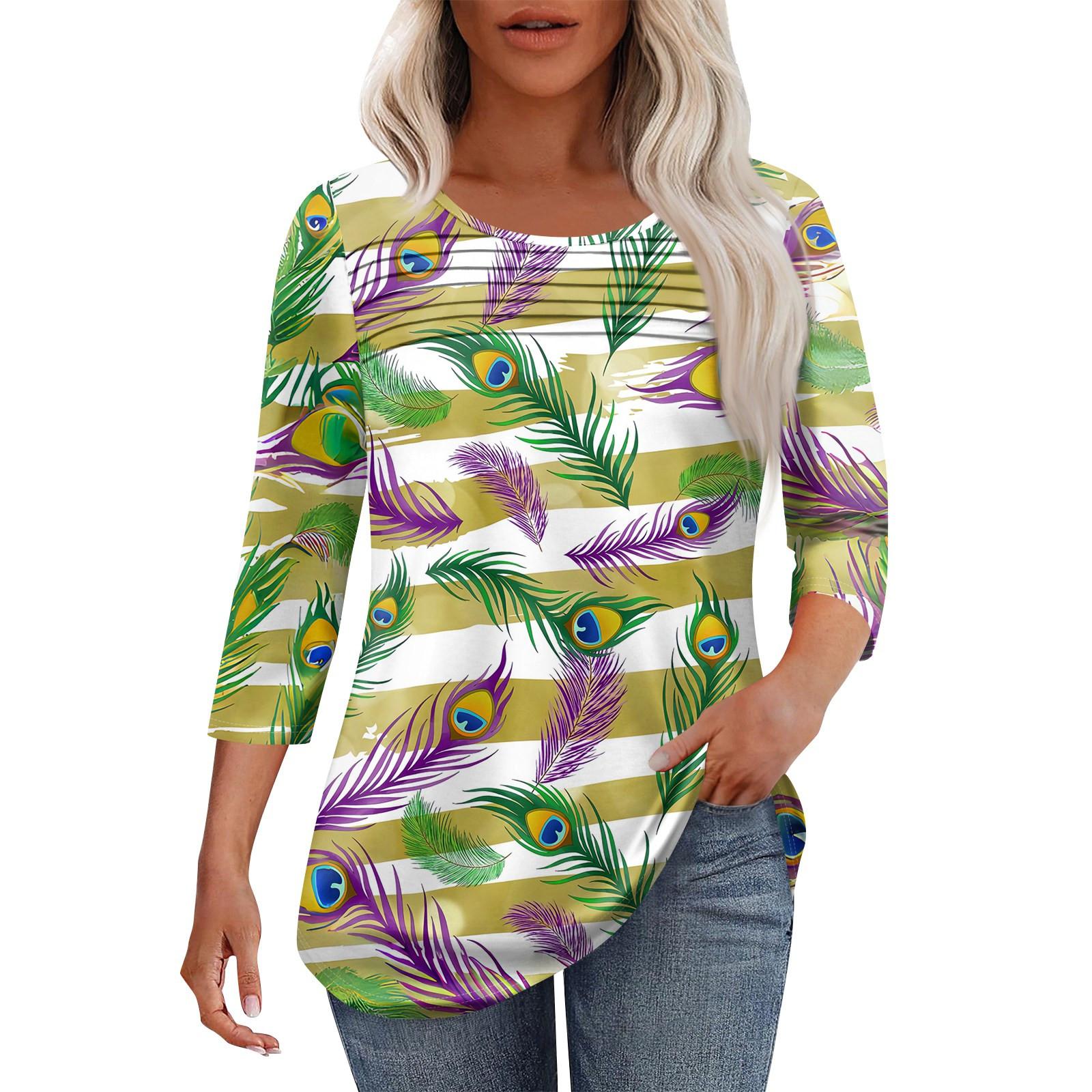 

Женская мода круглый вырез шея плиссированная передняя планка с принтом рукав 3/4 топ XL жёлтый