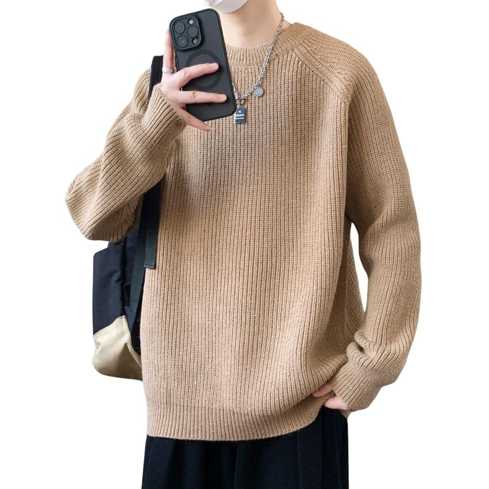 Wolass Зимний Вязаный Узорчатый Свитшот с Круглым Вырезом Длинный Эластичный Вязаный Однотонный Большие Размеры Хаки Мужской Свитер, Воротник, Рукав, Унисекс, Свитер, Повседневный, Цвет, Мягкий,