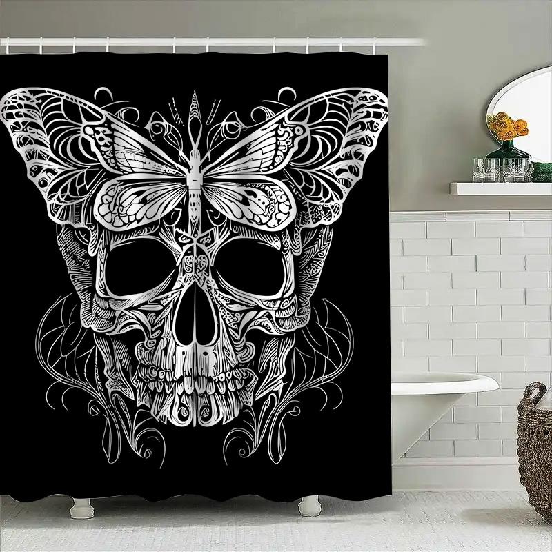 

Tuniu Black Skull Lace Floral Pattern Bathroom Curtain Gothic Decor Bedroom Shower Curtain W60H190(CM)-1 Pcs