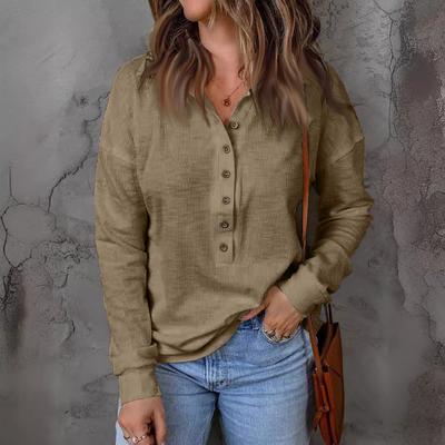 Pull à manches longues et revers boutonné pour femme, couleur unie, tricoté, ample, à manches longues
