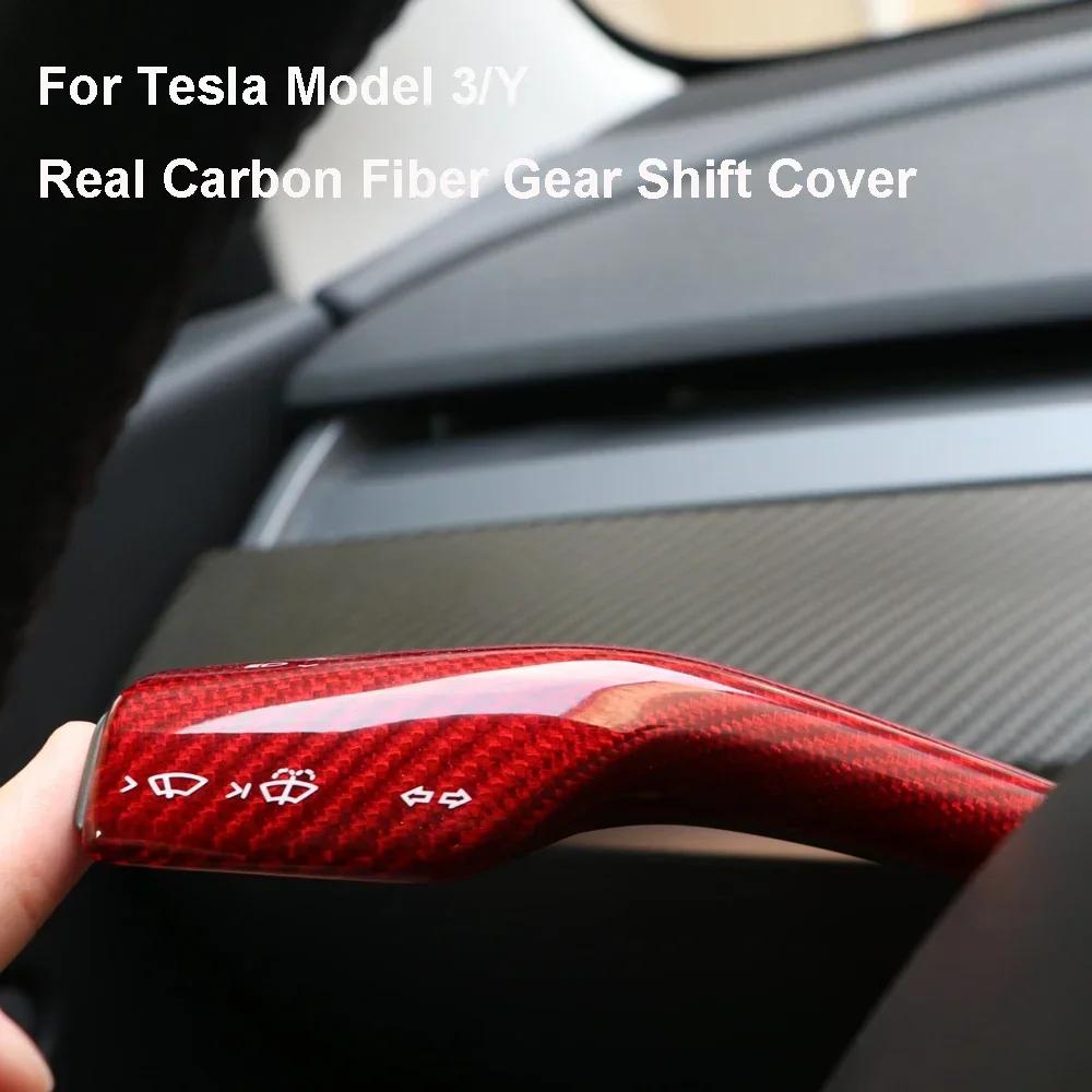 2Pcs Real Carbon Fiber Steering Wheel Whift Protection Cover  For Tesla Model 3 Y Car Column Shift Knob Cover Decor Accessories