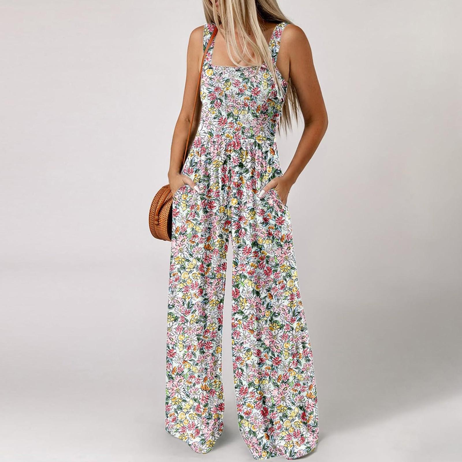 

Women s Suspender Pleated Shoulder Straps Printed Pocket Wide Leg Jumpsuit M рожевий