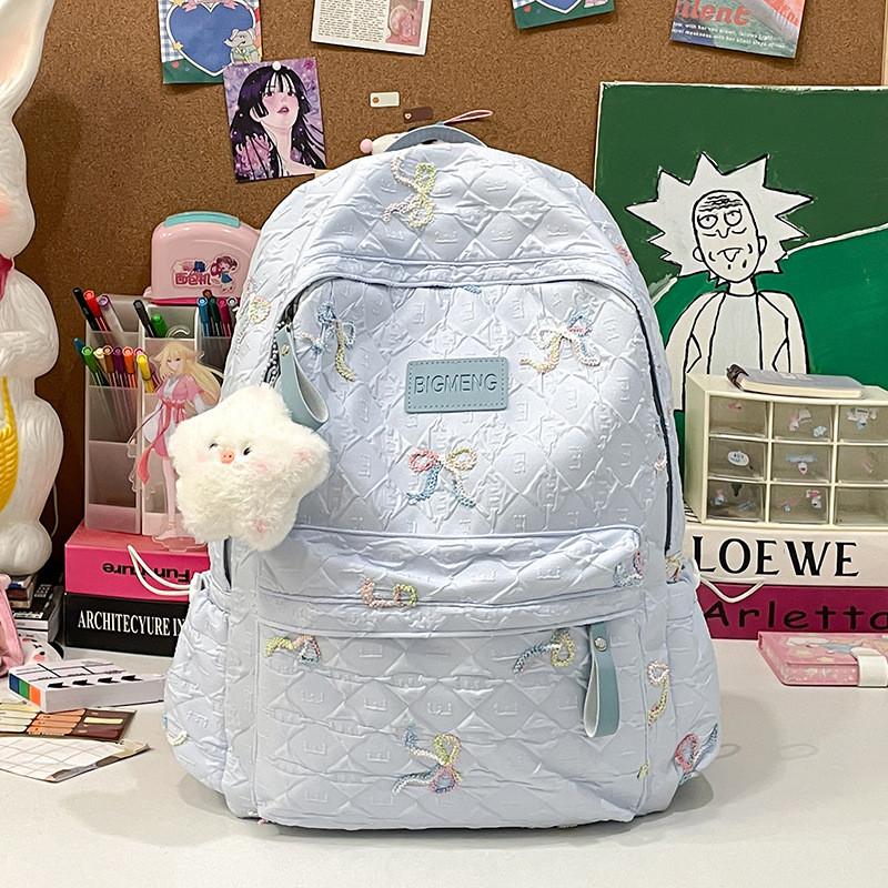 School Minimalist Nylon Backpack With Bow Embroidery Design For Teens Daily