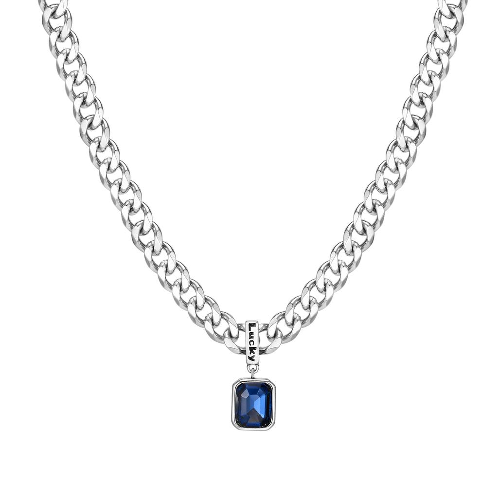 Geometric Square Blue Stone Pendant Necklaces, Stainless Steel Lucky Collar, Unisex Cuban Link Chain Chokers