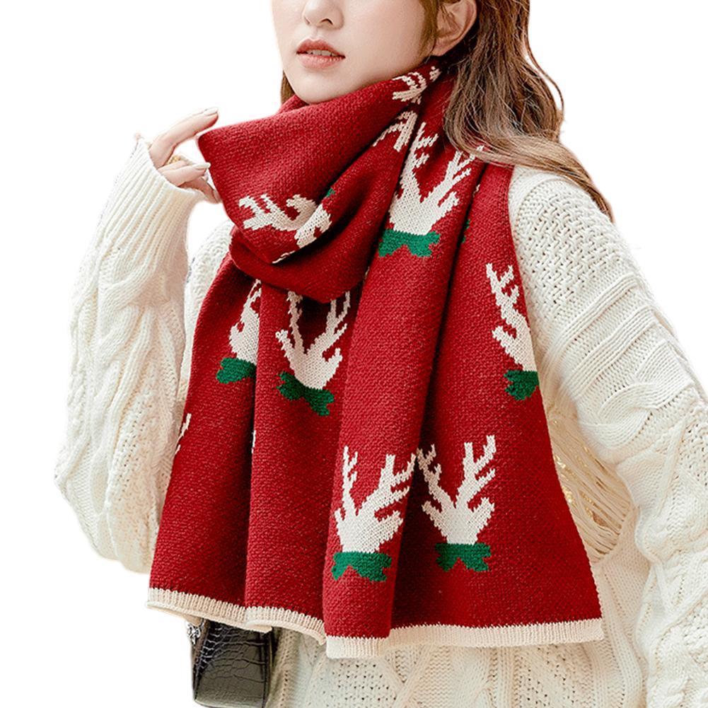Women Christmas Scarf Deer Pattern Knitted Scarf Thick Neck Warmer Bufanda Long Windproof Soft Scarf For Winter