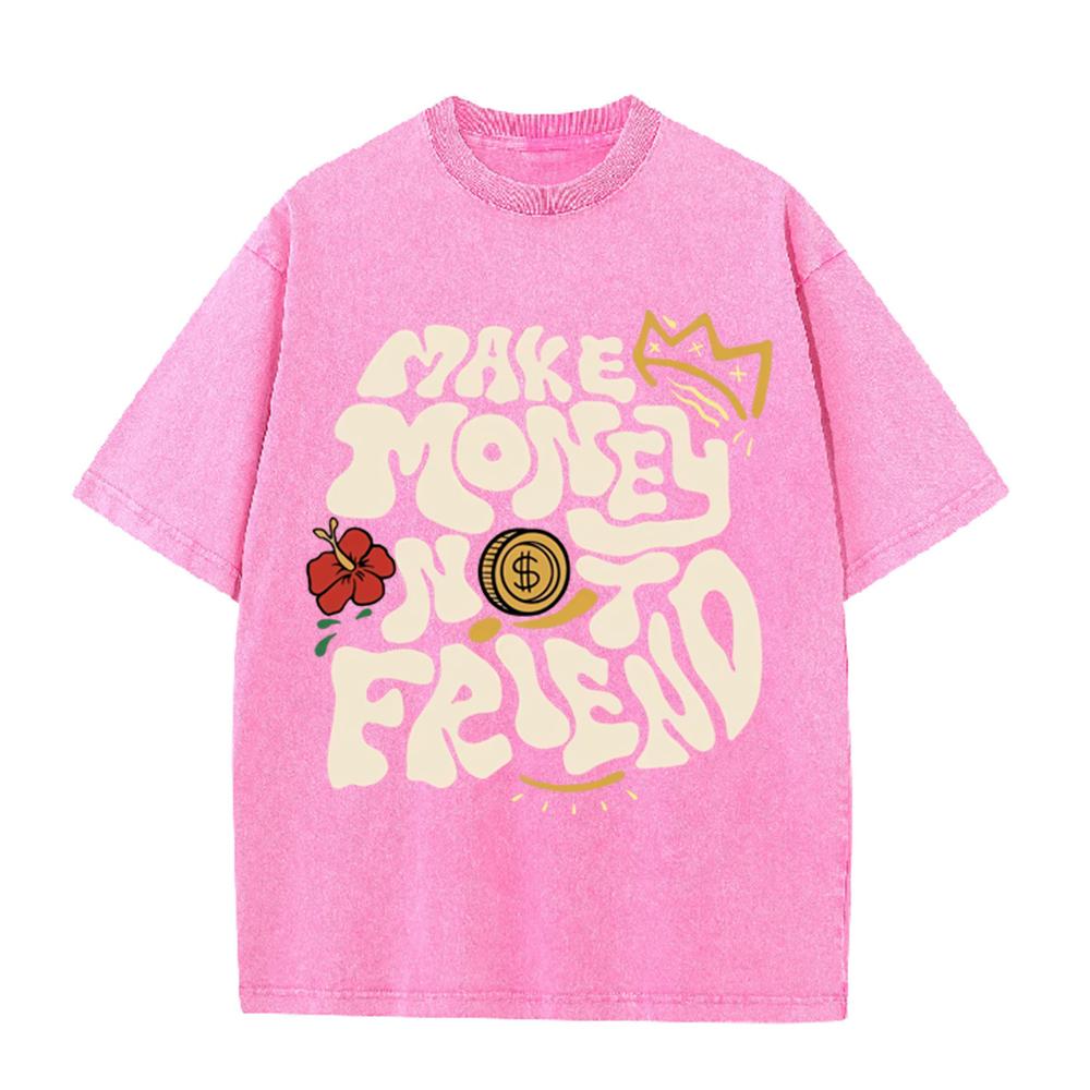 2026 Vintage Washed Black Make Money Not Friend Bubble Letter Graphic T Shirt Crown Coin Floral Oversized Streetwear Short Sleev