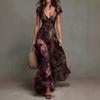 Women Deep V Neck Floral Print Maxi Dress, Short Sleeve Ruched Waist Flowy Chiffon Long Dress, Elegant Evening Party Summer Dress