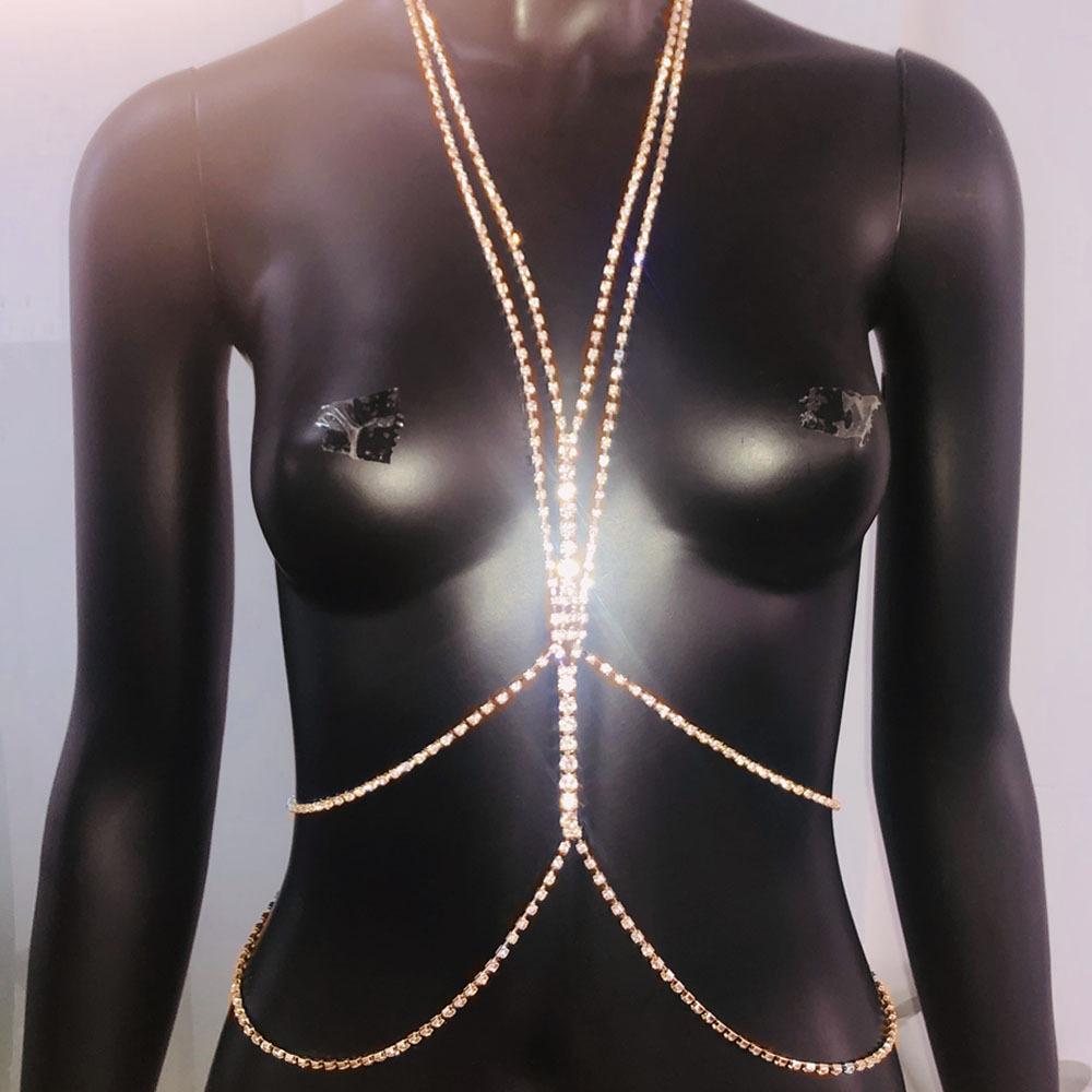 Sexy Rhinestone Chains Chest Chain Harness Waist Chain Breast Belly Body Jewelry Necklace For Women Party Clothing Accessories