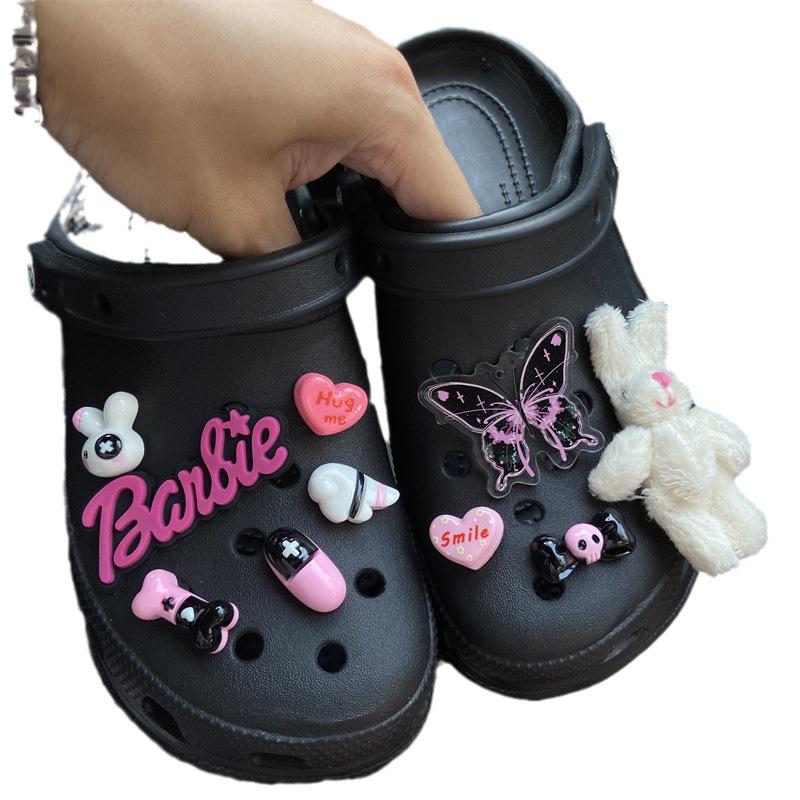 Croc Accessories: DIY Barbie Pink Y2K Emo Shoe Charms with Dark Butterfly Heart Design