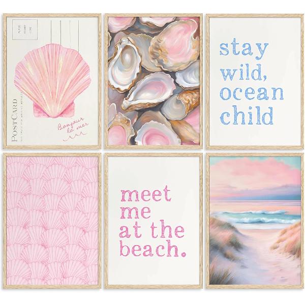 Pink Beach Preppy Wall art Coastal Granddaughter Aesthetic Room Painting Picture Wall Decor Shells Oyster Poster Print Artwork for Girls Room Girls