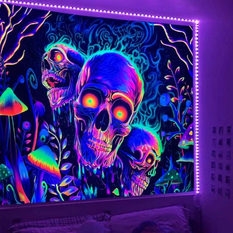 Skull Flower Uv Fluorescent Tapestry Needs Uv Illumination Aesthetic Decorative Wall Hanging For Bedroom