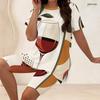 Women Plus Size Two Piece Set Wine Cup Leaf Geometric Print Round Neck Short Sleeve Split Top Knee Length Pants