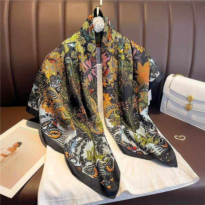 Autumn Simulated Silk 90CM Square Scarves Head Echarpe Foulards Femme Wraps Women Shawls Bandana Hijabs