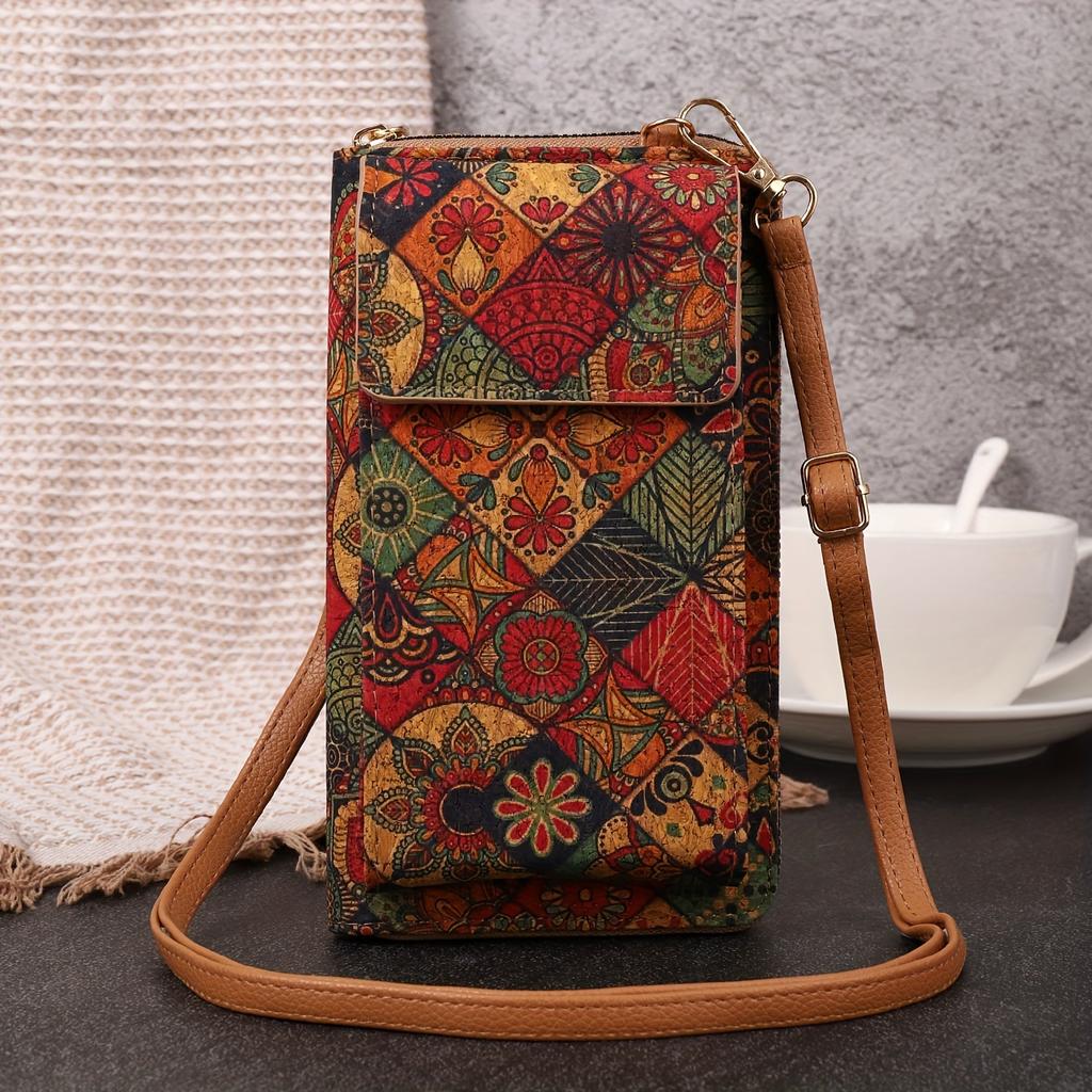 Versatile Bohemian Chic Crossbody Wallet - Lightweight Vegan Leather with Geometric Pattern, Adjustable Strap, and Secure Zip