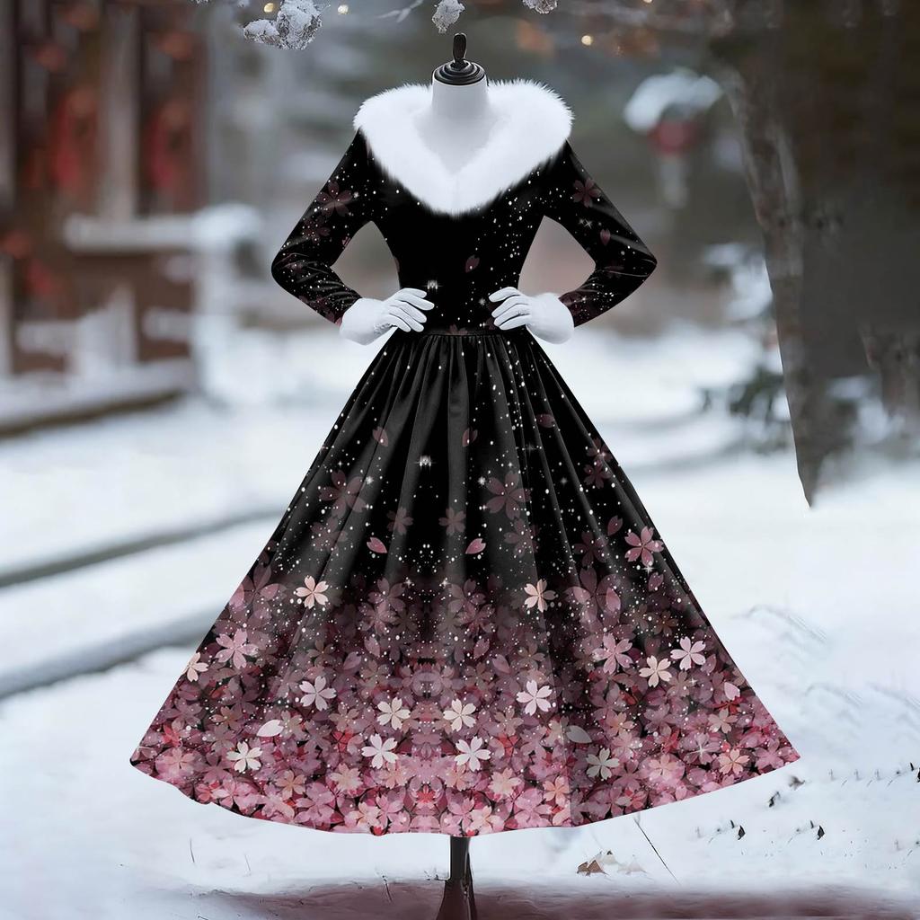 Women's Casual Dress Long-Sleeve V-Neck Patchwork Fleece Christmas Print Dress