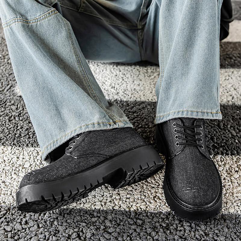 Fashion Men Black Canvas Thick Soled Oxford Shoes Lace Up Thick Soled Casual Shoes Retro Streetwear Style Designer Shoes 2025 Slippers